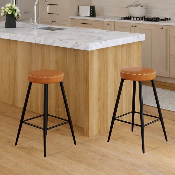 ID MARKET - Lot de 2 tabourets de bar ISAURE marron avec coutures et pieds en métal noir - large