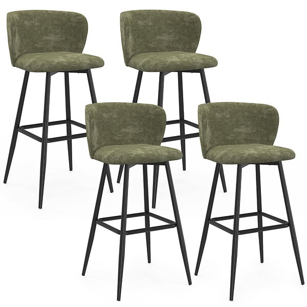ID MARKET - Lot de 4 tabourets de bar FANNY assise en chenille vert kaki et pieds en métal noir - large