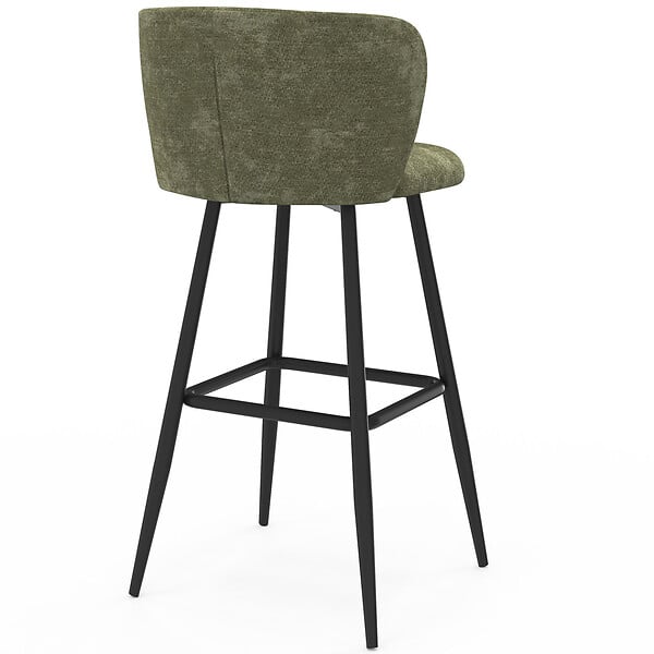 ID MARKET - Lot de 4 tabourets de bar FANNY assise en chenille vert kaki et pieds en métal noir - large