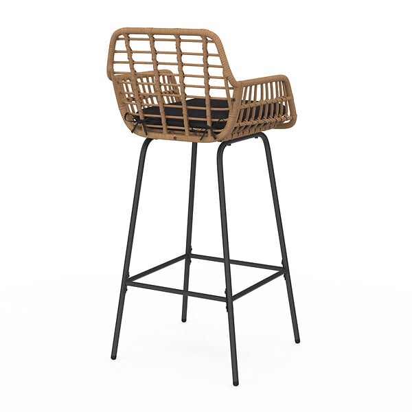 ID MARKET - Lot de 2 tabourets de bar SUMMER effet rotin beige pied metal noir avec accoudoirs - large