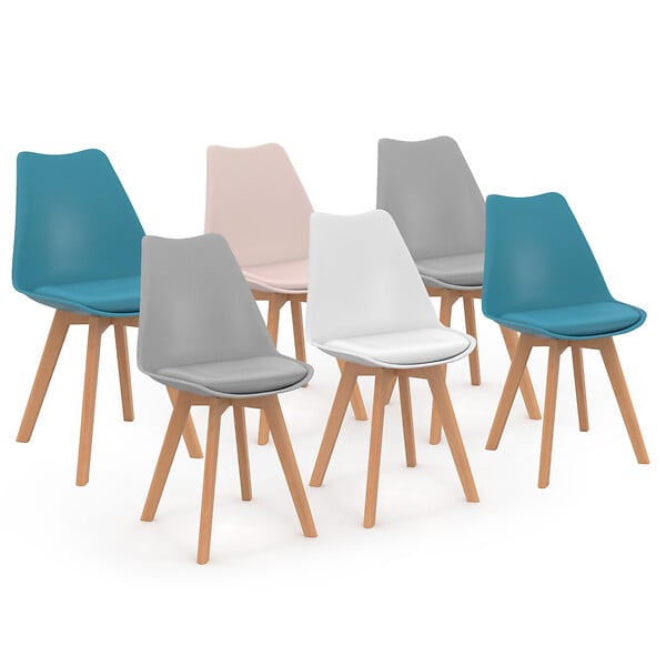 ID MARKET - Lot de 6 chaises scandinaves SARA mix color pastel rose, blanc, gris clair x2, bleu x2 - large