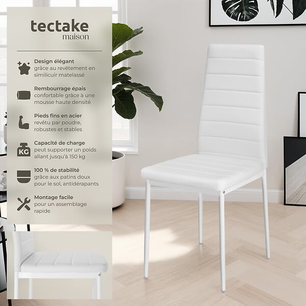 TECTAKE - Ensemble 4 chaises de salle à manger aspect cuir ergonomique blanc - large