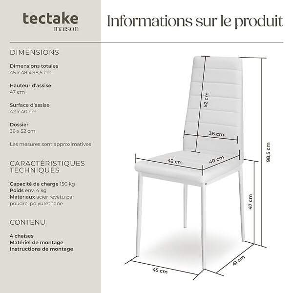 TECTAKE - Ensemble 4 chaises de salle à manger aspect cuir ergonomique blanc - large
