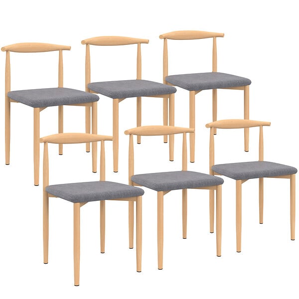ID MARKET - Lot de 6 chaises NOE en imitation bois et assise en tissu gris clair pour salle à manger - large
