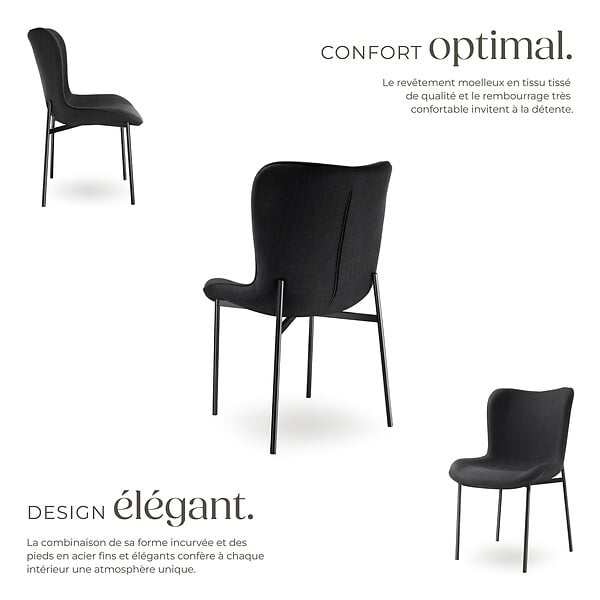 TECTAKE - Lot 6 chaises rembourrées avec revêtement tissu forme ergonomique noir - large