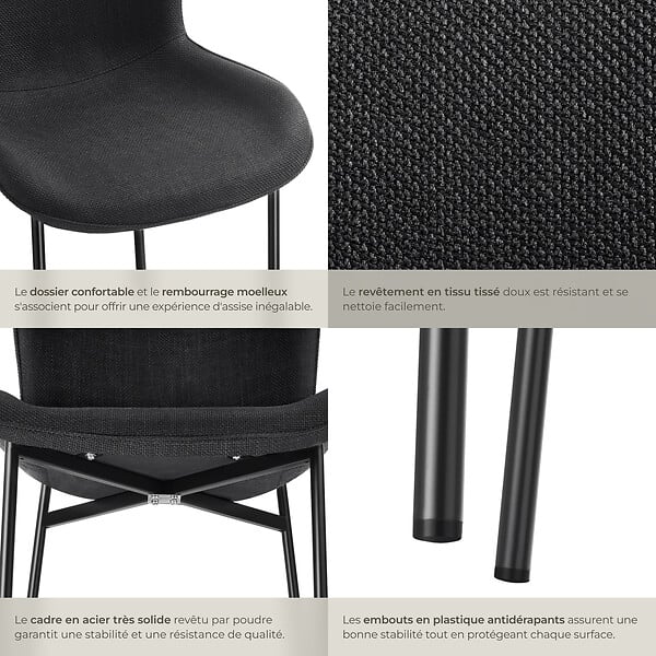 TECTAKE - Lot 6 chaises rembourrées avec revêtement tissu forme ergonomique noir - large