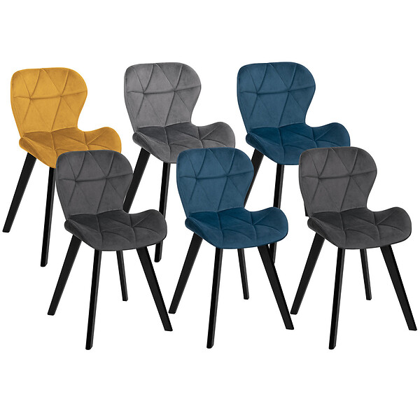 ID MARKET - Lot de 6 chaises ROBINE en velours mix color bleu x2, gris foncé x2, gris clair et jaune - large