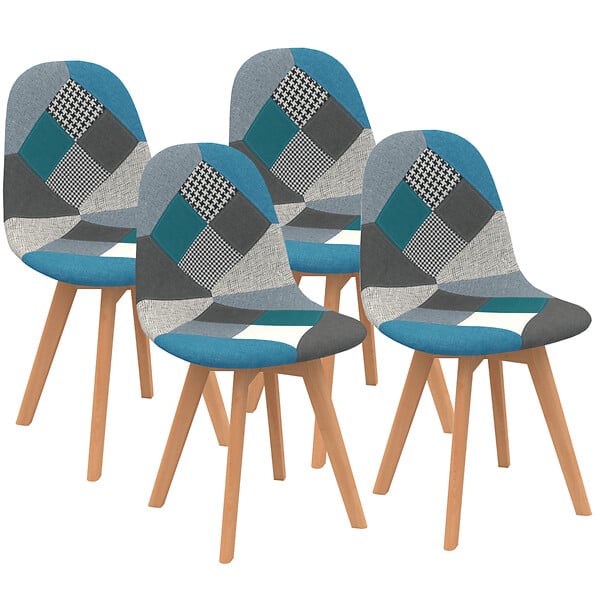 ID MARKET - Lot de 4 chaises scandinaves SARA motifs patchworks bleus - large