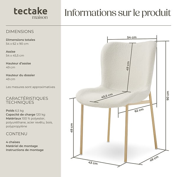 TECTAKE - 4 chaises rembourrées tissu bouclette ergonomiques Blanc/Doré - large