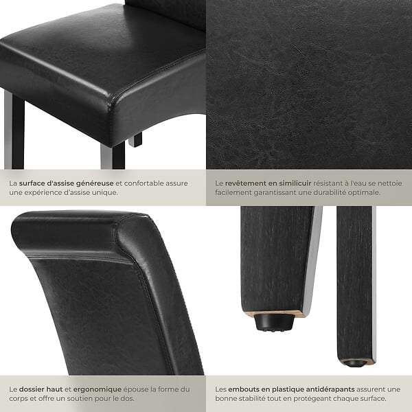 TECTAKE - Ensemble 4 chaises de salle à manger aspect cuir ergonomique noir - large