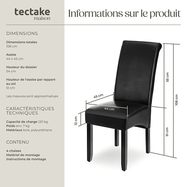 TECTAKE - Ensemble 4 chaises de salle à manger aspect cuir ergonomique noir - large