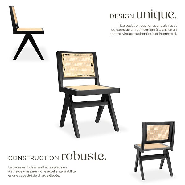 TECTAKE - Lot de 2 chaises en bois avec cannage viennois design boho noir - large