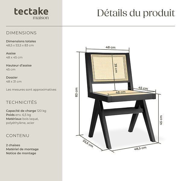 TECTAKE - Lot de 2 chaises en bois avec cannage viennois design boho noir - large