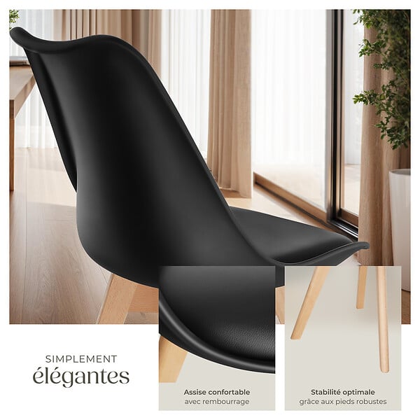 TECTAKE - Lot 2 chaises salle à manger style scandinave forme ergonomique noir - large