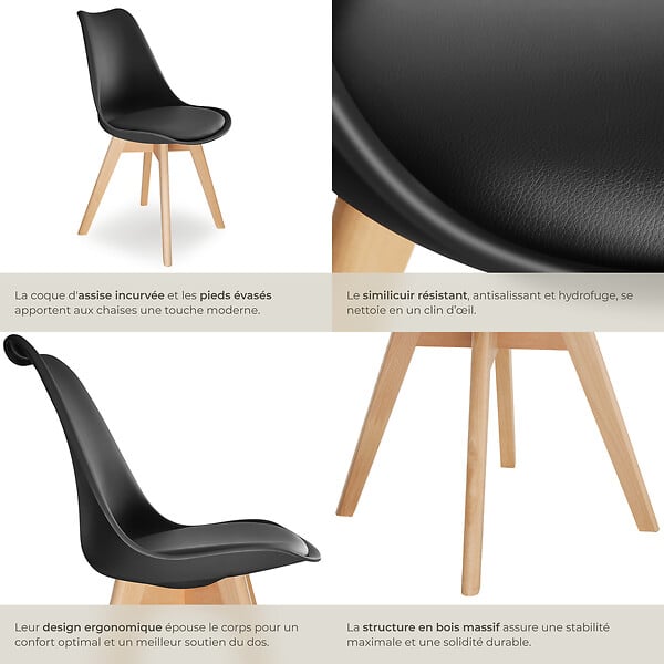 TECTAKE - Lot 2 chaises salle à manger style scandinave forme ergonomique noir - large