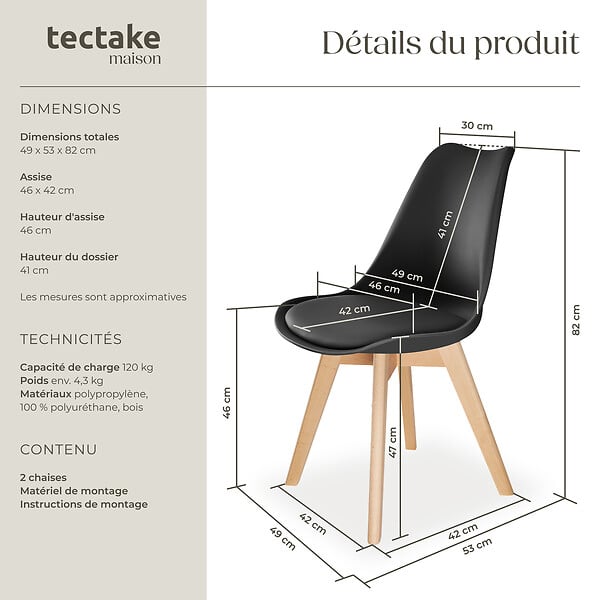 TECTAKE - Lot 2 chaises salle à manger style scandinave forme ergonomique noir - large