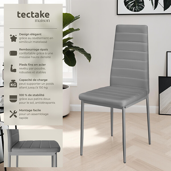 TECTAKE - Lot de 8 chaises avec strass Rembourrées en cuir synthétique  gris - large