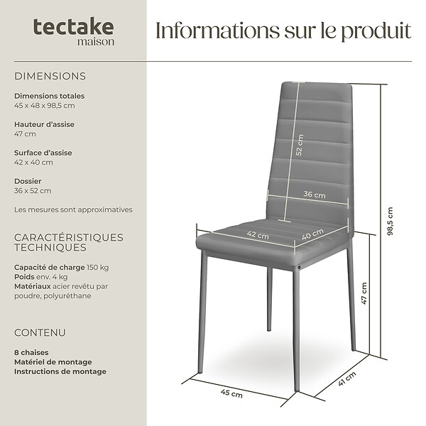 TECTAKE - Lot de 8 chaises avec strass Rembourrées en cuir synthétique  gris - large