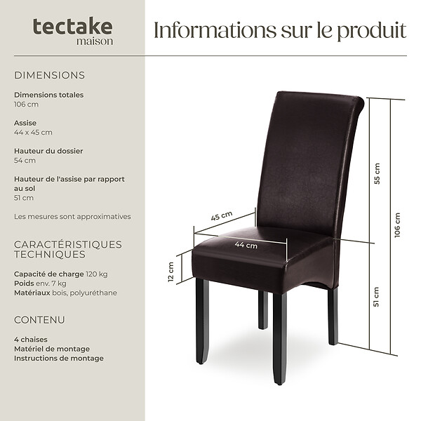 TECTAKE - Ensemble 4 chaises de salle à manger revêtement aspect cuir marron - large