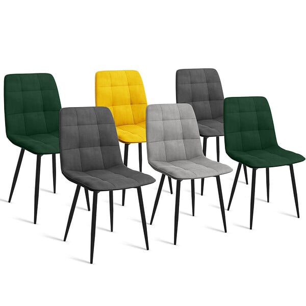 ID MARKET - Lot de 6 chaises MILA en velours mix color vert x2, gris foncé x2, gris clair, jaune - large