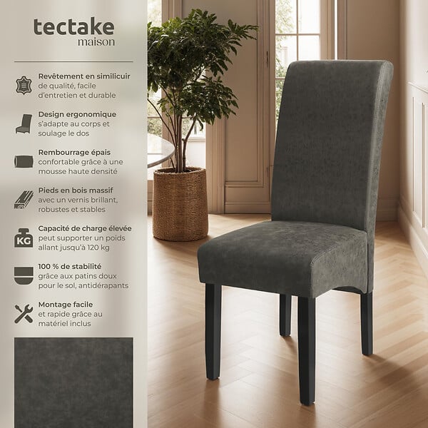 TECTAKE - Ensemble de 2 chaises de salle à manger aspect cuir gris marbré - large