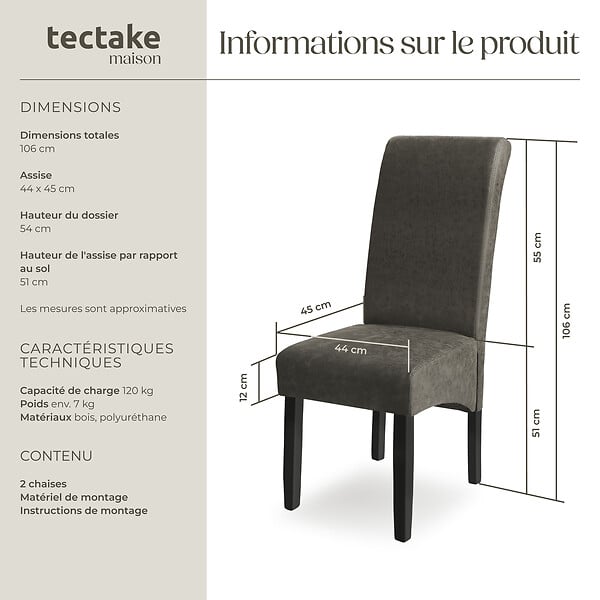 TECTAKE - Ensemble de 2 chaises de salle à manger aspect cuir gris marbré - large