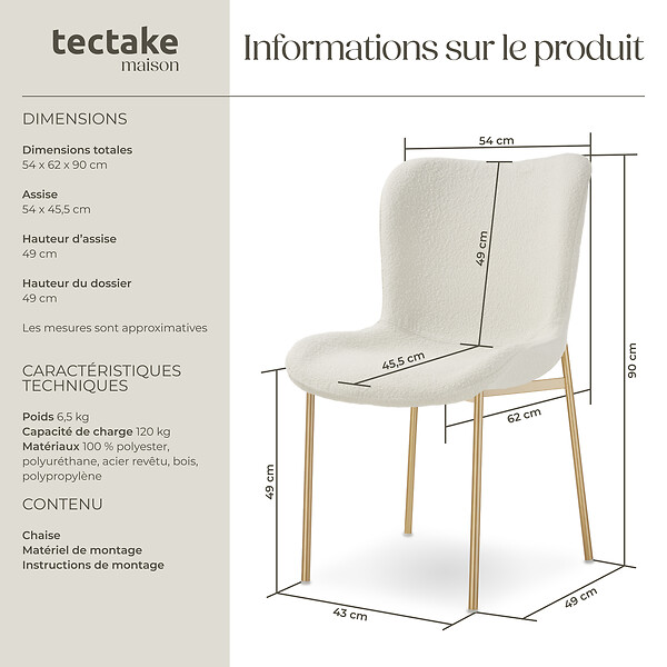 TECTAKE - Chaise de salle à manger rembourrée ergonomique tissu bouclette blanc - large