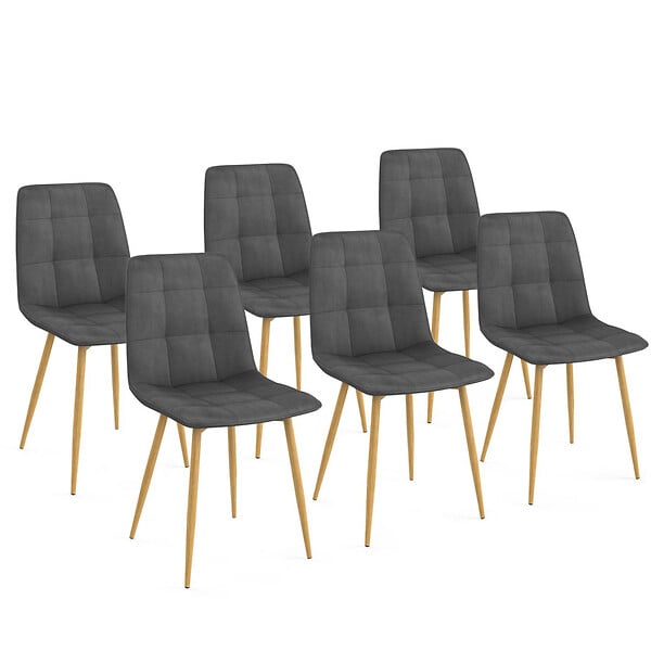 ID MARKET - Lot de 6 chaises MILA en velours gris foncé pied effet bois pour salle à manger - large
