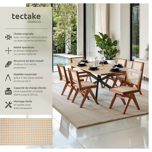 TECTAKE - Lot 4 chaises en bois avec cannage viennois design boho chêne foncé - large