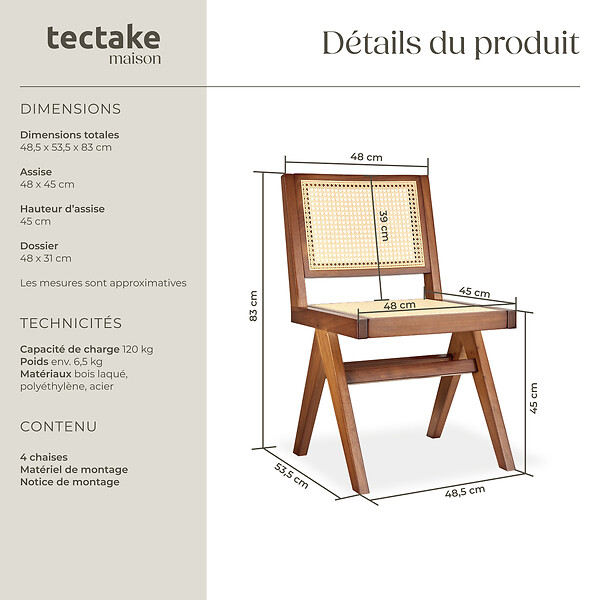 TECTAKE - Lot 4 chaises en bois avec cannage viennois design boho chêne foncé - large