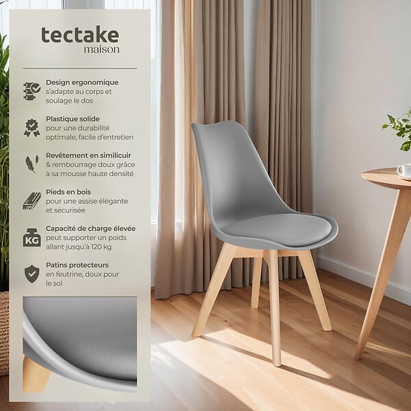TECTAKE - Lot 2 chaises salle à manger style scandinave forme ergonomique gris - large