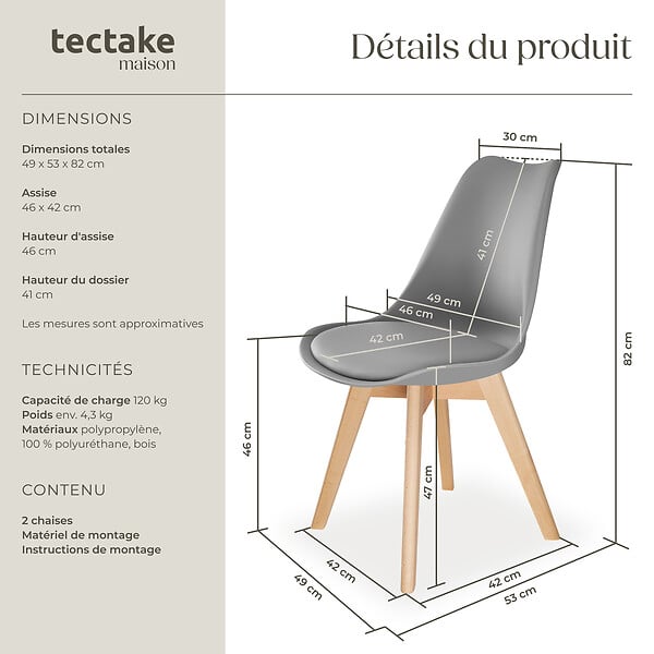 TECTAKE - Lot 2 chaises salle à manger style scandinave forme ergonomique gris - large