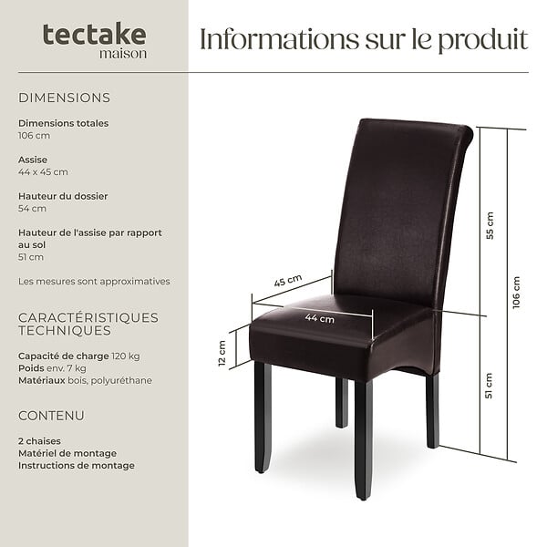 TECTAKE - Ensemble 2 chaises salle à manger aspect cuir ergonomique cappuccino - large