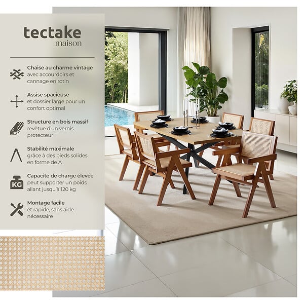 TECTAKE - Lot 4 chaises de salle à manger cannage viennois boho chêne foncé - large