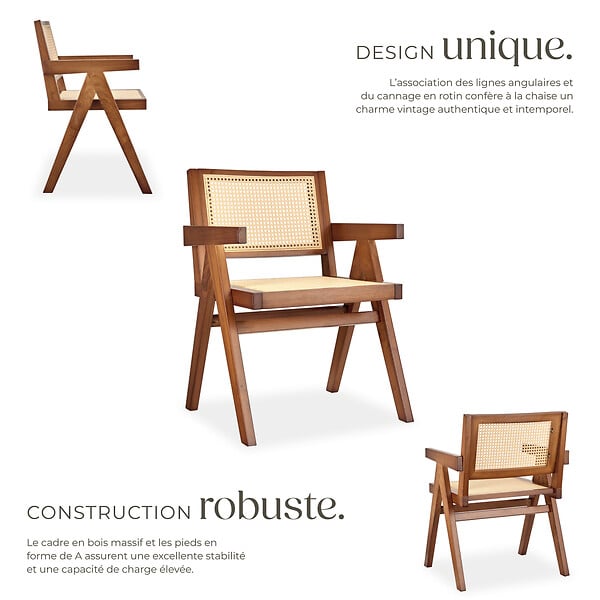 TECTAKE - Lot 4 chaises de salle à manger cannage viennois boho chêne foncé - large