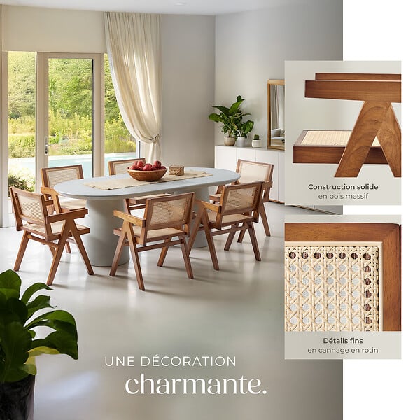 TECTAKE - Lot 4 chaises de salle à manger cannage viennois boho chêne foncé - large