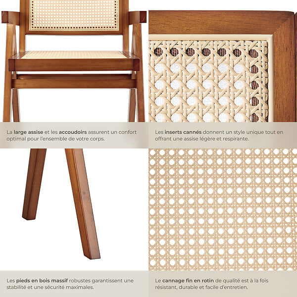 TECTAKE - Lot 4 chaises de salle à manger cannage viennois boho chêne foncé - large
