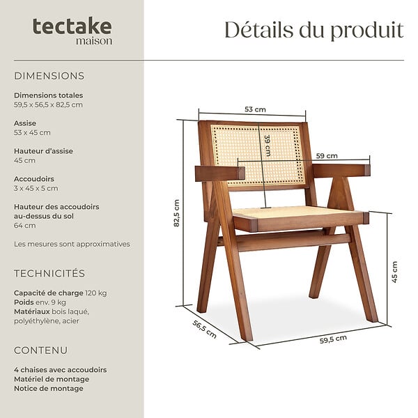 TECTAKE - Lot 4 chaises de salle à manger cannage viennois boho chêne foncé - large