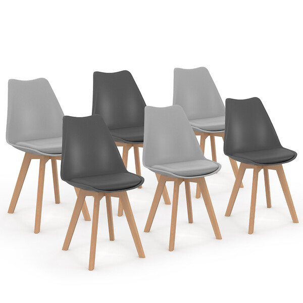 ID MARKET - Lot de 6 chaises scandinaves SARA mix color gris foncé x3 et gris clair x3 - large