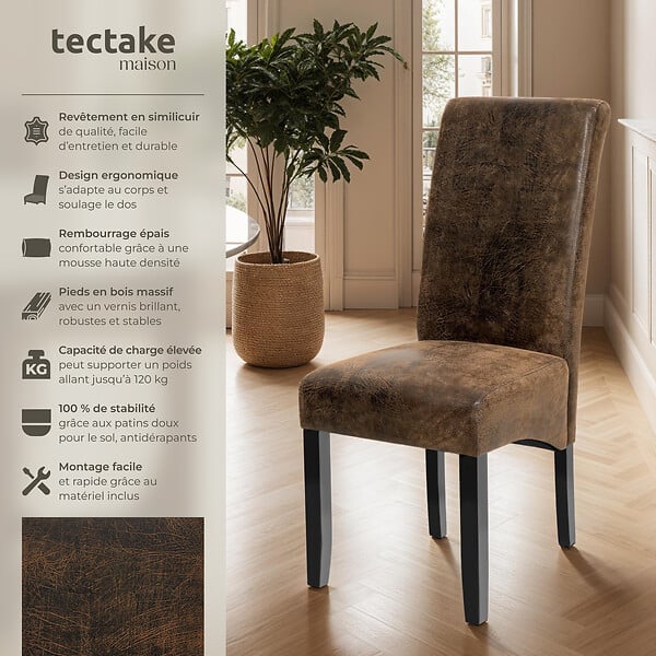 TECTAKE - Ensemble de 6 chaises de salle à manger aspect cuir marron foncé - large