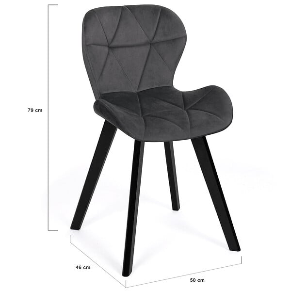 ID MARKET - Lot de 6 chaises ROBINE en velours gris foncé pieds noirs - large