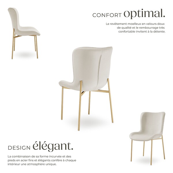 TECTAKE - 6 chaises rembourrées en velours forme ergonomique blanc/doré - large