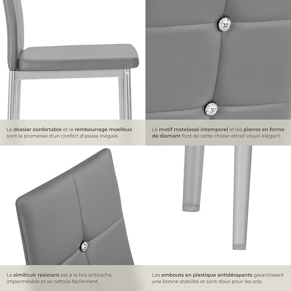 TECTAKE - Ensemble 4 chaises de salle à manger aspect cuir à paillettes gris - large