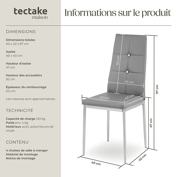 TECTAKE - Ensemble 4 chaises de salle à manger aspect cuir à paillettes gris - large