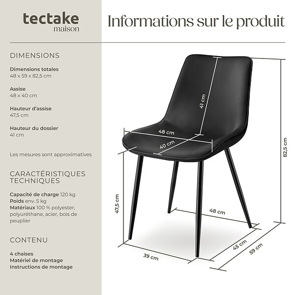 TECTAKE - Lot 4 chaises assise ergonomique rembourrée aspect velours noir - large