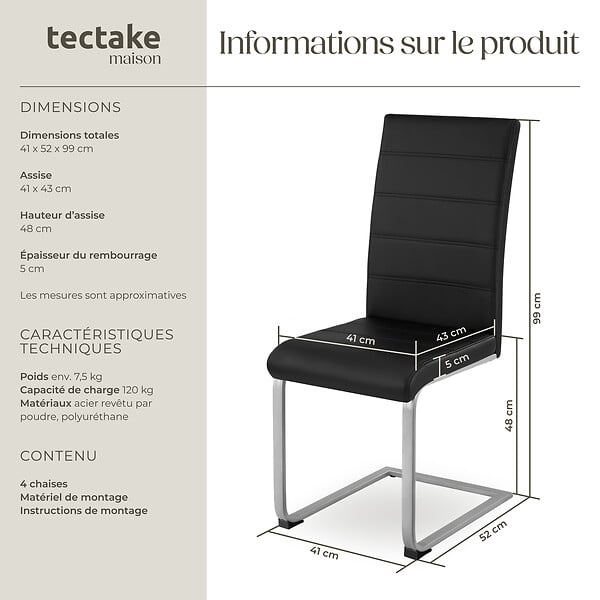 TECTAKE - Ensemble 4 chaises de salle à manger Rembourrées aspect cuir noir - large