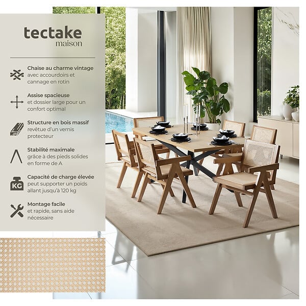 TECTAKE - Lot 6 chaises de salle à manger cannage viennois boho chêne clair - large