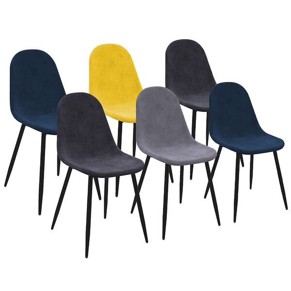 ID MARKET - Lot de 6 chaises DALI en velours mix color bleu, gris foncé, gris clair et jaune - large