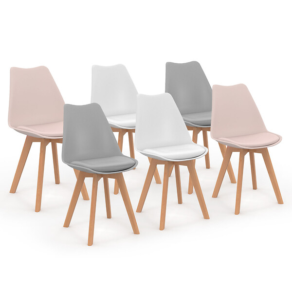 ID MARKET - Lot de 6 chaises scandinaves SARA mix color pastel rose x2, gris clair x2 et blanc x2 - large