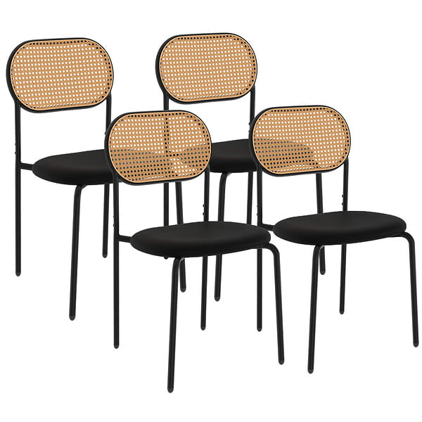 ID MARKET - Lot de 4 chaises vintage CLOTILDE en métal noir et dossier cannage pour salle à manger - large